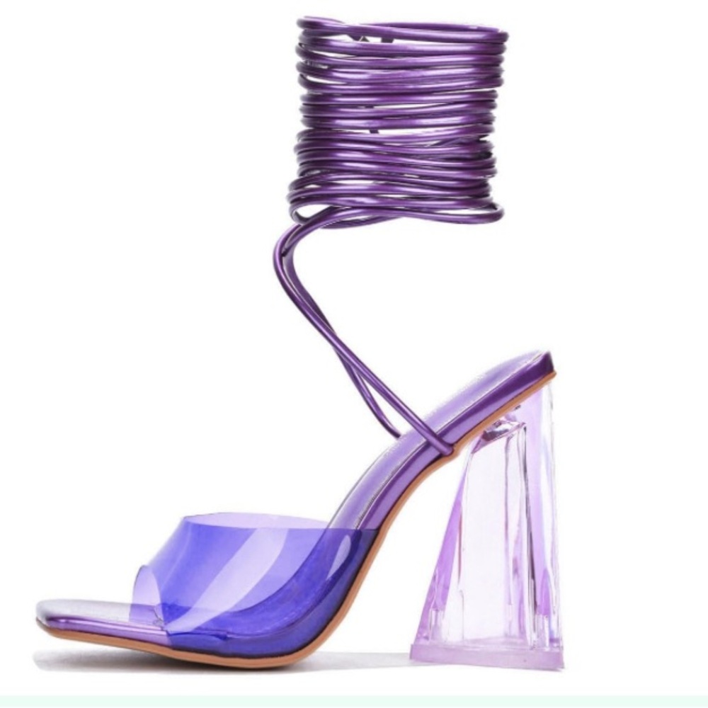 Cape Robbin strappy (Swag) purple 5-inch clear tie up square heels with open toe